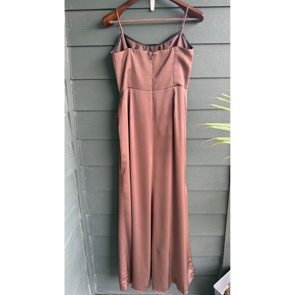 Birdy Grey Bronze Brown Satin Formal Maxi Dress Ruched Slip Gown Large - Picture 4 of 9